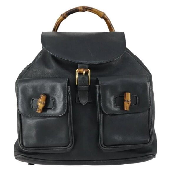 GUCCI Bamboo Backpack Leather Black Gold 003 2058 0016 Auth 151336 main image 6
